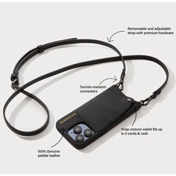 Bandolier Emma Black Leather Crossbody iPhone SE/7/8 Case with Studded Strap - Picture 7 of 12